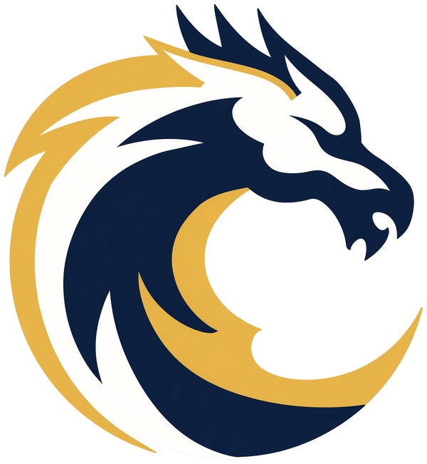 Dragons Flag Football logo, a navy and gold dragon